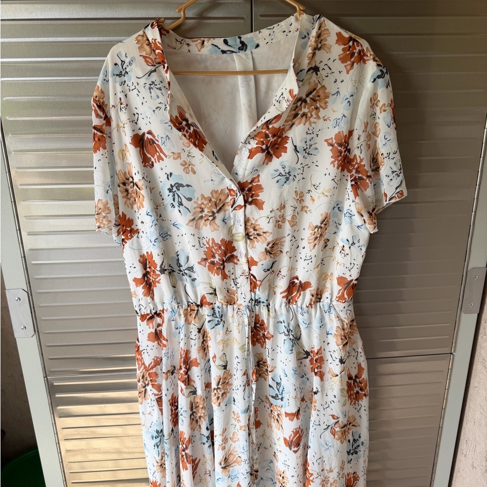 Source Unknown White Midi Dress with Rust and Tan Floral Print